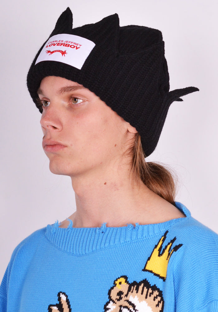 CHARLES JEFFREY LOVERBOY 043130301 UNISEX KNITTED CHUNKY CROWN BEANIE BLACK  (New Season SS24)