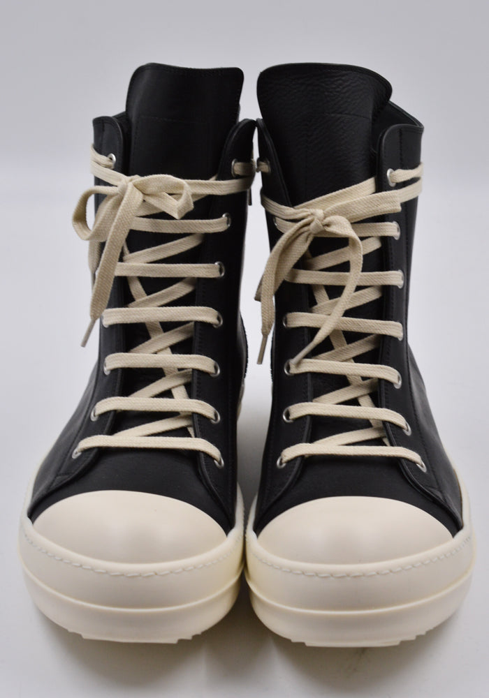 RICK OWENS MEN RU01D3890 LOO LEATHER HI-CUT SNEAKERS BLACK/MILK (New season  SS24)