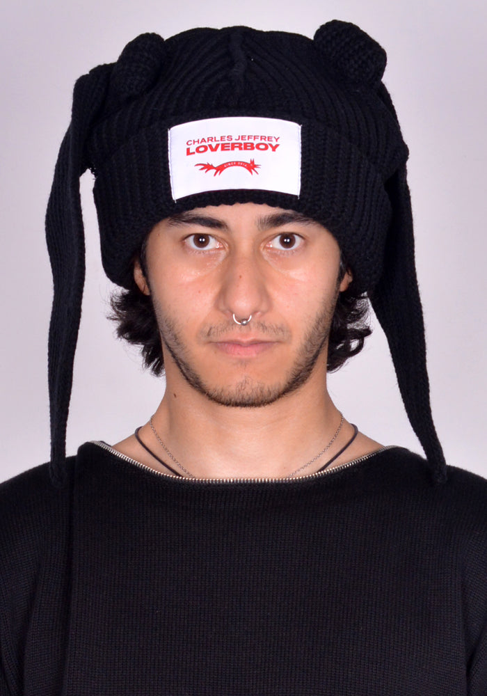 CHARLES JEFFREY LOVERBOY 032131101 KNITTED CHUNKY RABBIT BEANIE UNISEX  BLACK (New season FW24)