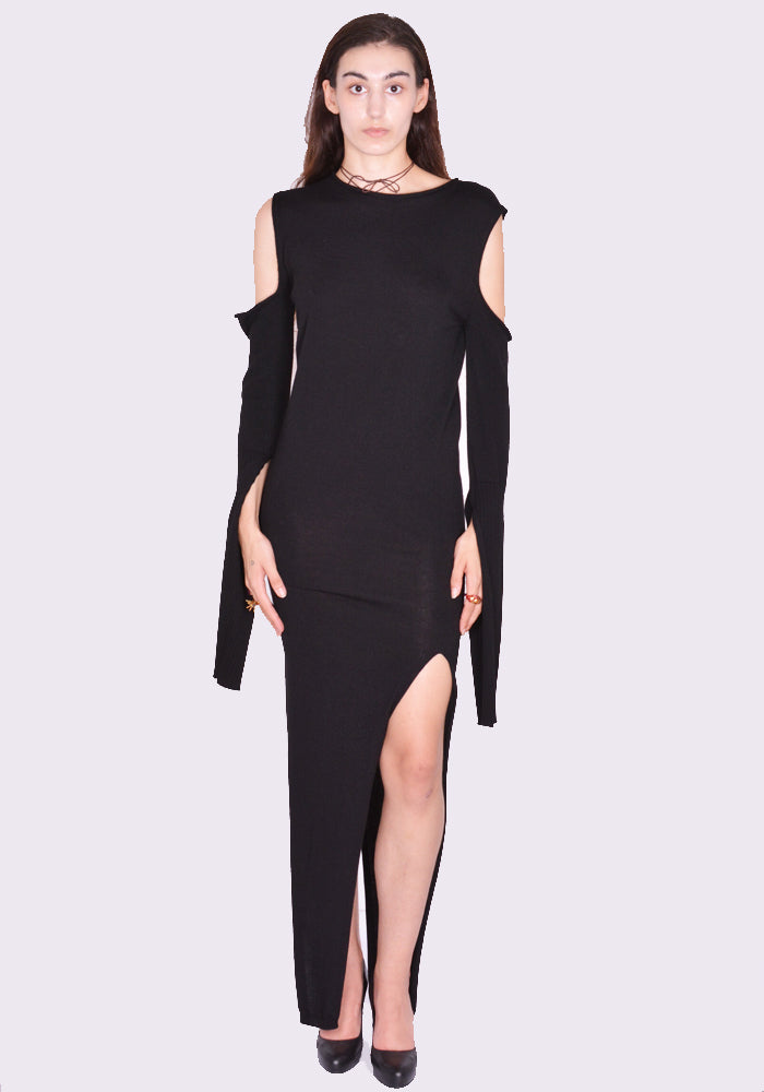 RICK OWENS CAPE SLEEVE WOOL KNIT DRESS BLACK FW24 | DOSHABURI Shop