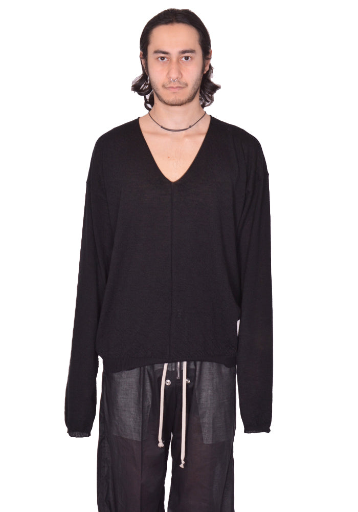 RICK OWENS MEN KNITTED V-NECK PULLOVER BLACK SS25 | DOSHABURI Shop