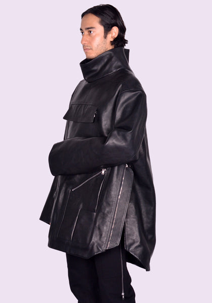 RICK OWENS MOUNTAINEERING SMOCK LEATHER JACKET BLACK FW24 | DOSHABURI Shop