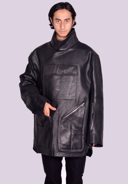 RICK OWENS MOUNTAINEERING SMOCK LEATHER JACKET BLACK FW24 | DOSHABURI Shop