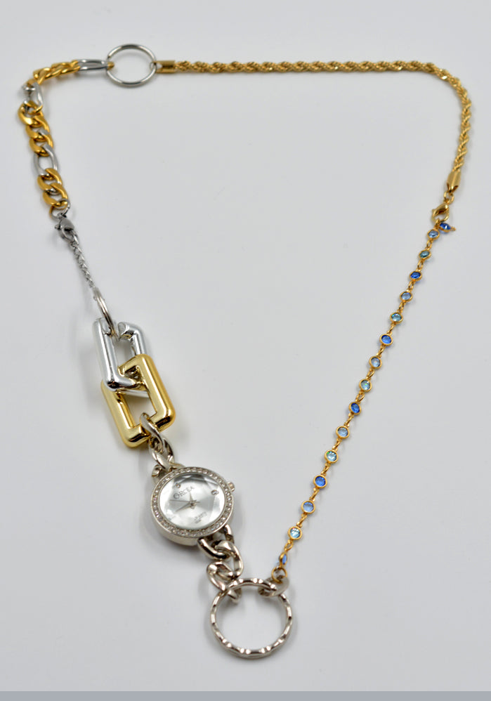 BLESS Nº 78 MATERIALMIX NECKLACE WATCH w/BLUE RHINESTONE | DOSHABURI