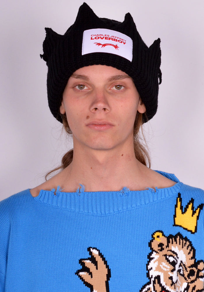 CHARLES JEFFREY LOVERBOY KNITTED CHUNKY CROWN BEANIE BLACK SS24 
