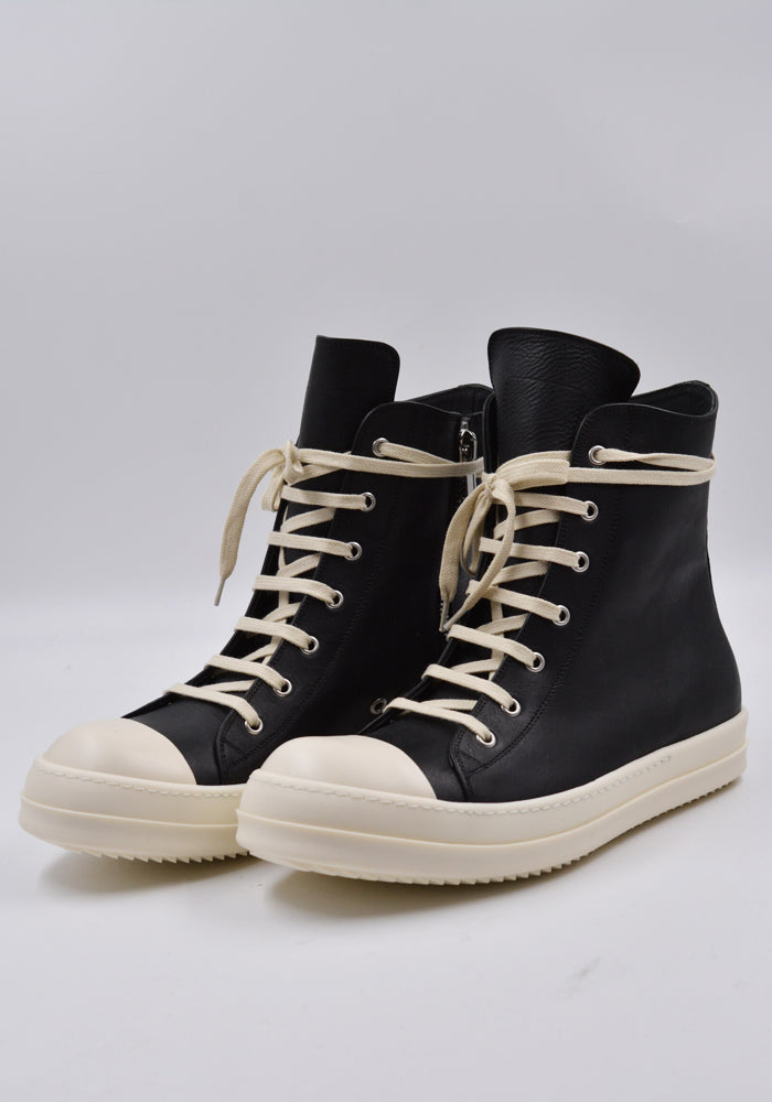 RICK OWENS MEN RU01D3890 LOO LEATHER HI-CUT SNEAKERS BLACK/MILK (New season  SS24)