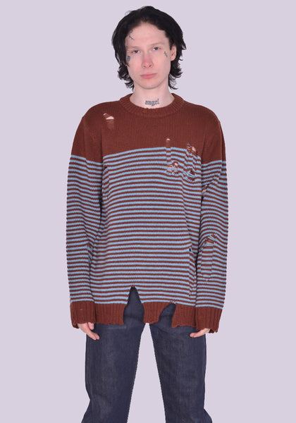 CHARLES JEFFREY LOVERBOY CJLSS23MSJ1 MEGA SHRED STRIPE KNIT SWEATER  BROWN/BLUE